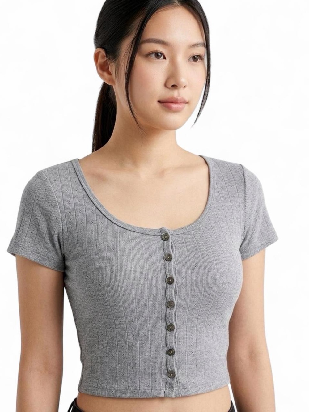 Brandy Melville Grey Ribbed Henley Button Crop Top One Size